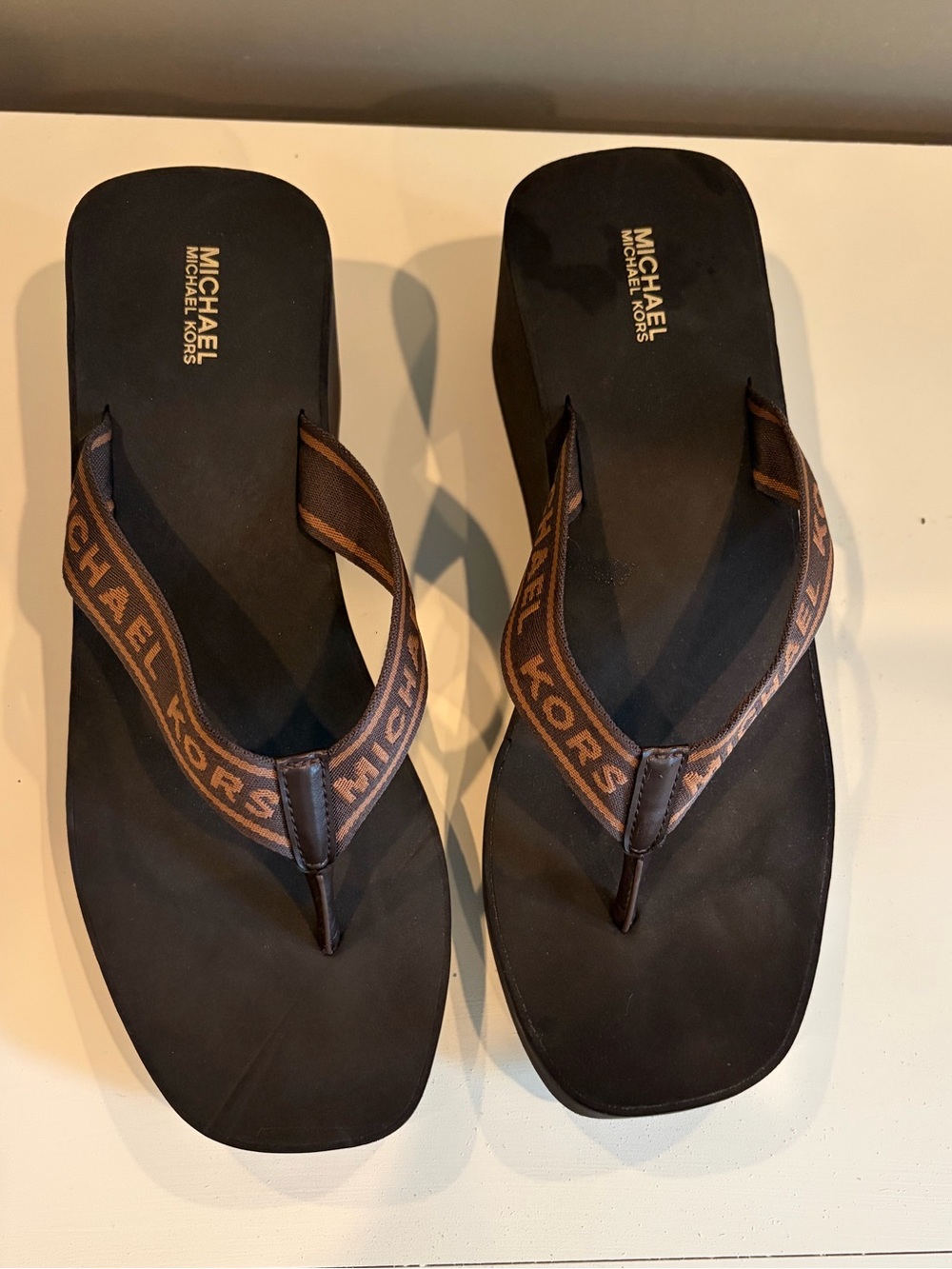 Michael Kors Black Footbed Brown Logo Strap Flip Flops